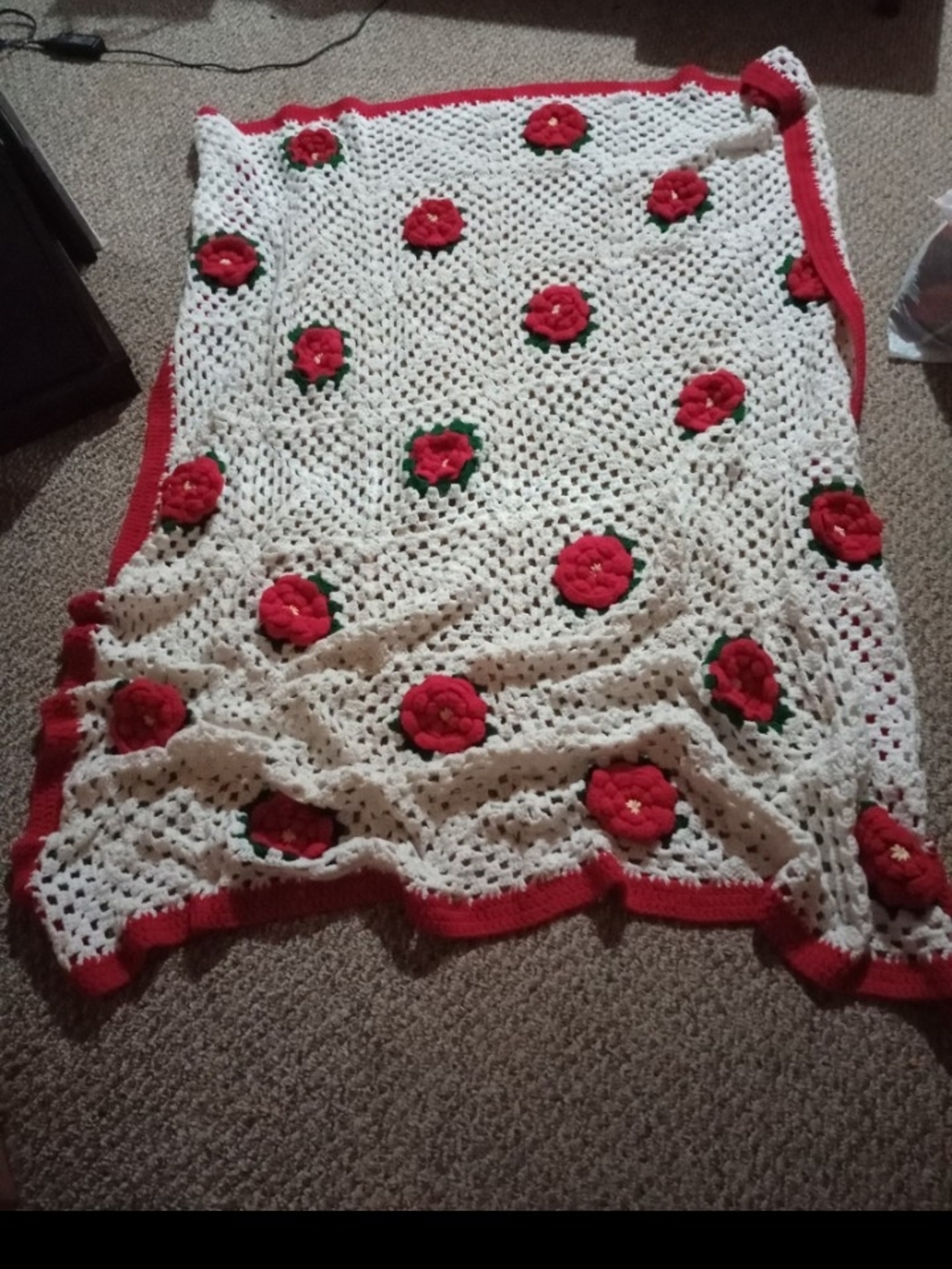 Red and Cream Crochet Flower Throw - Handmade